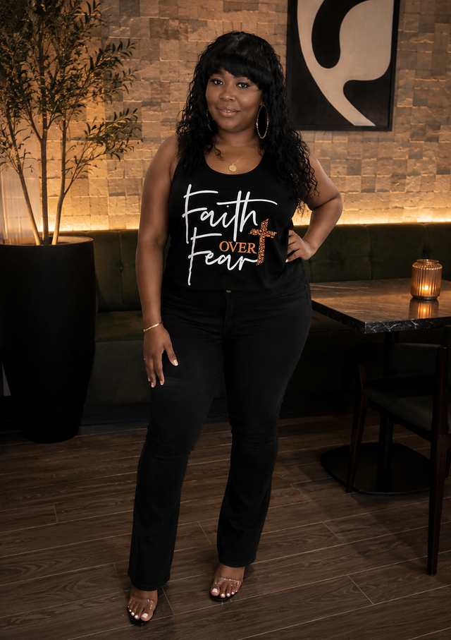 Black Leopard Print Faith Over Fear Tank Top