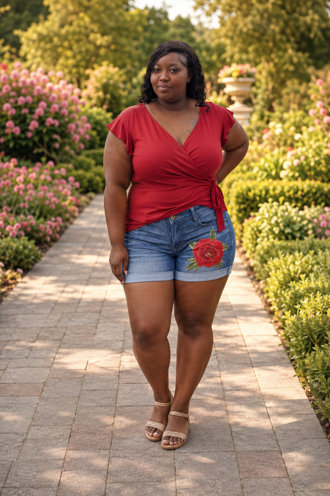 Blue Rose Print Jeans Shorts