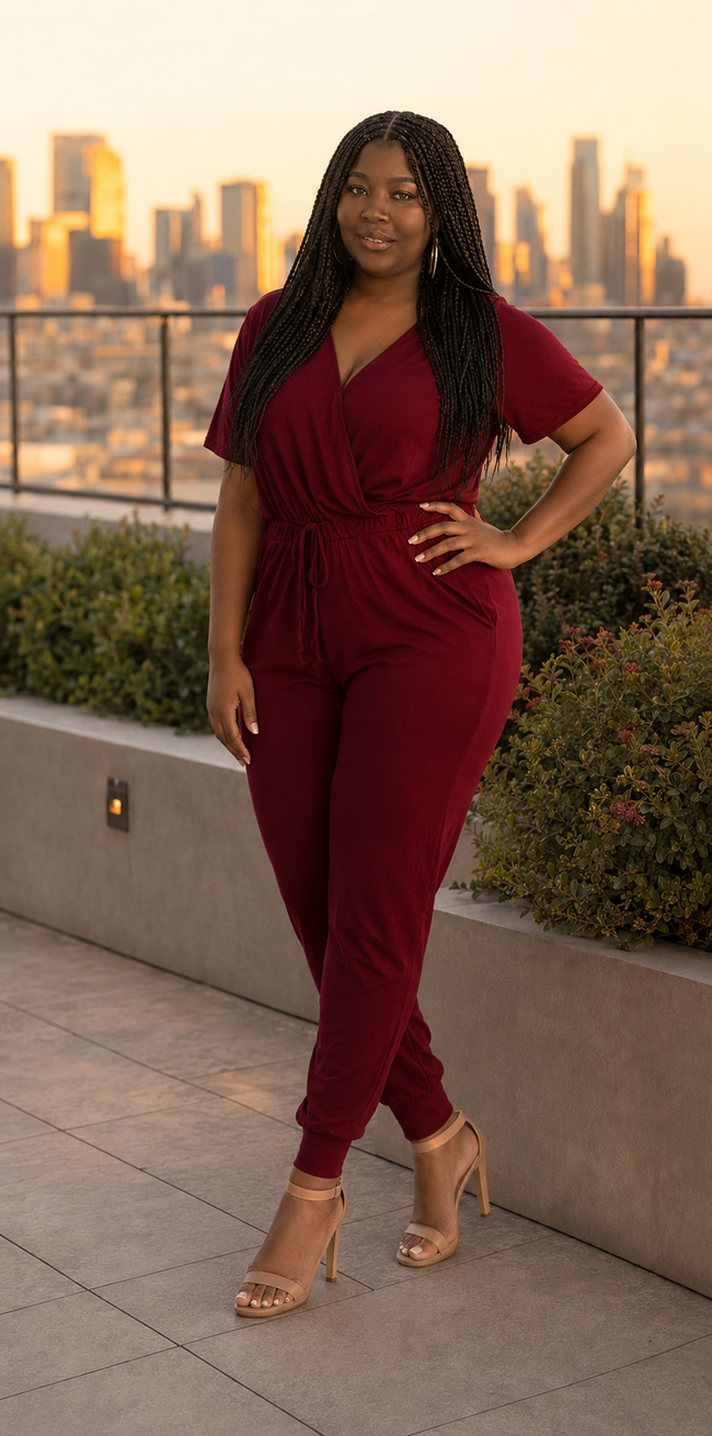 Wine Front Wrap Jumpsuit