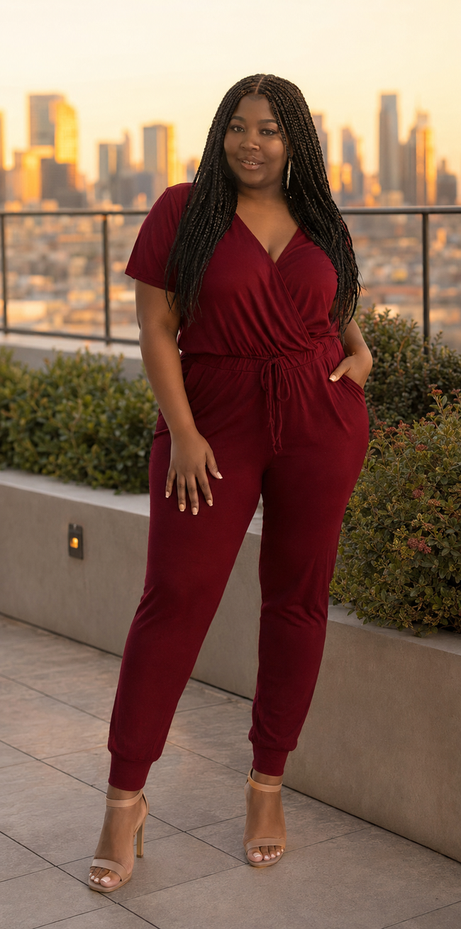 Wine Front Wrap Jumpsuit