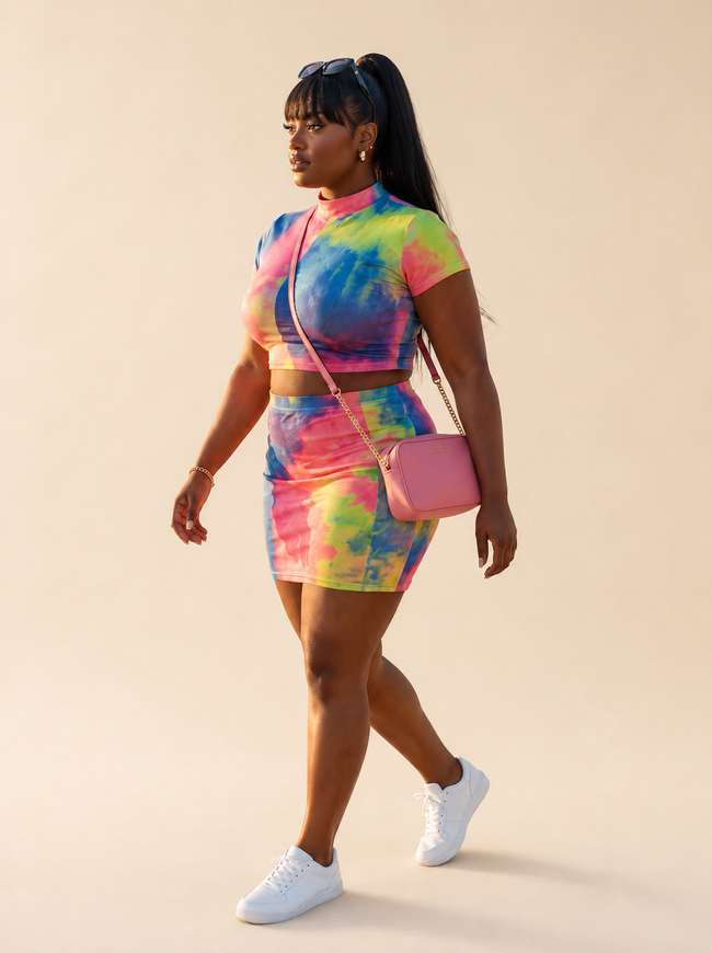 Tie-dye Short Sleeve Top And Skirt