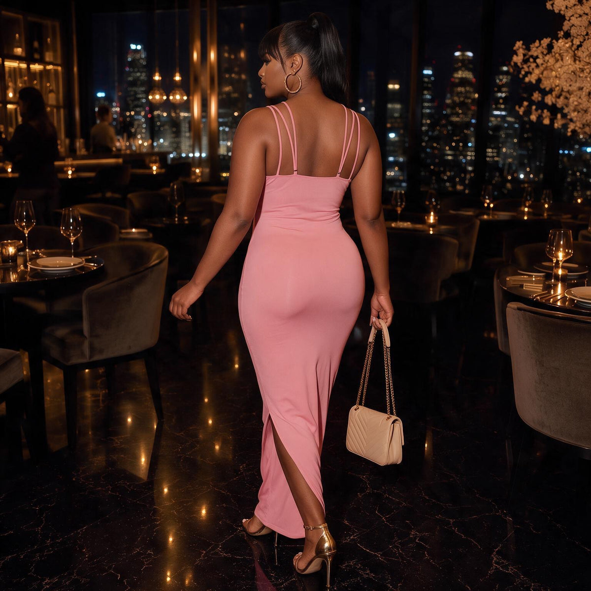 Pink High Stretch Backless Dress