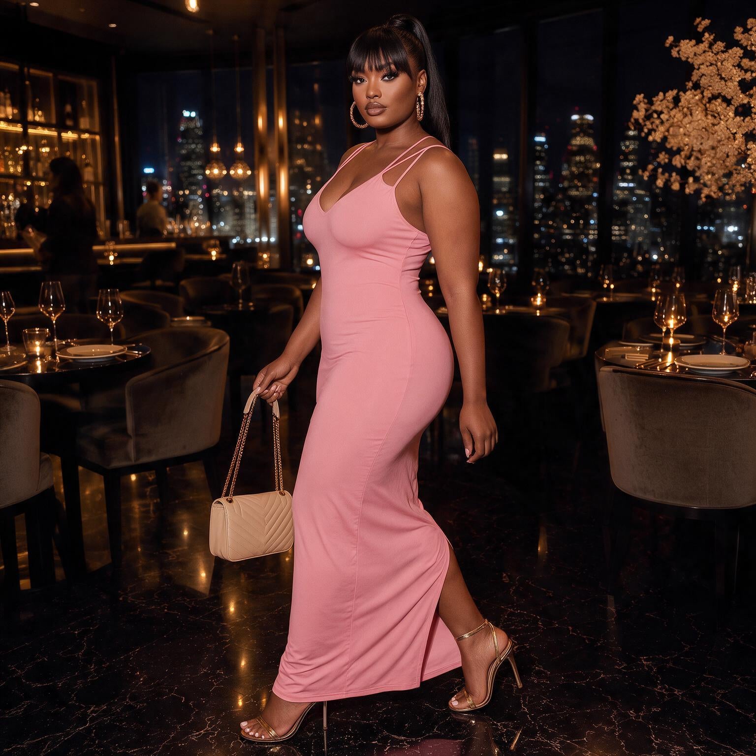 Pink High Stretch Backless Dress