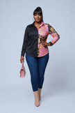 Double Take Luxe Print Button-Up Blouse