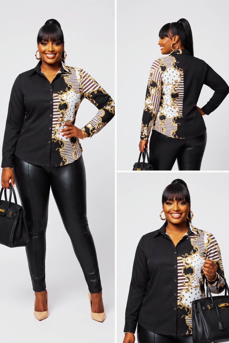 Double Take Luxe Print Button-Up Blouse