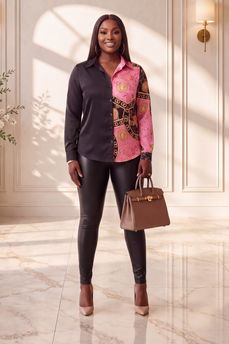 Double Take Luxe Print Button-Up Blouse