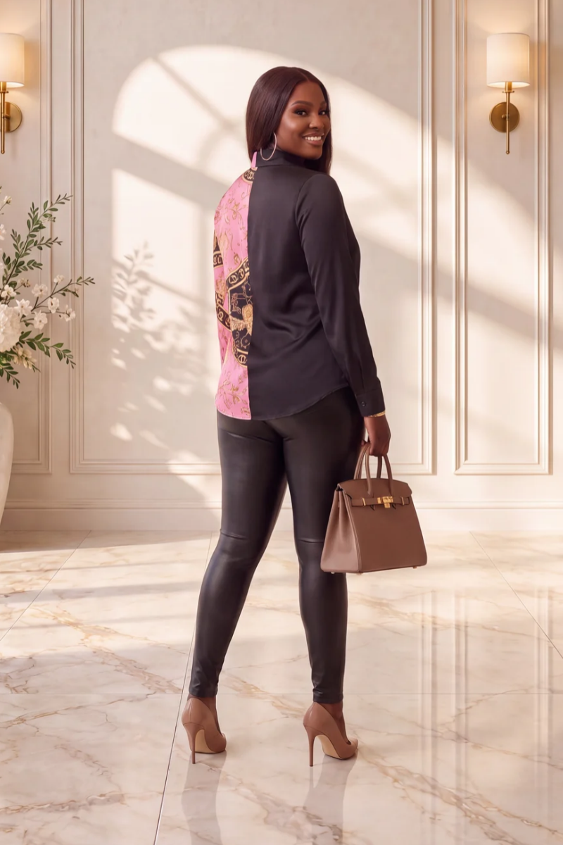 Double Take Luxe Print Button-Up Blouse
