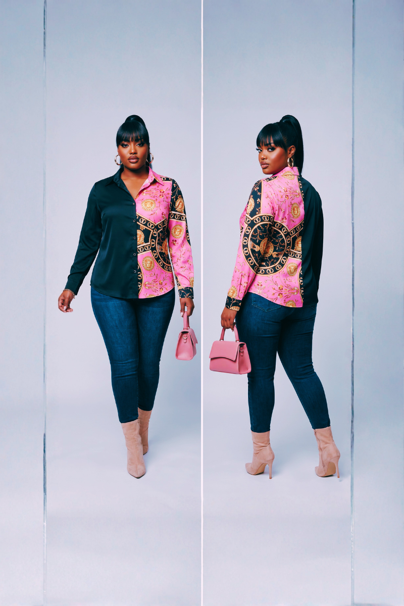 Double Take Luxe Print Button-Up Blouse