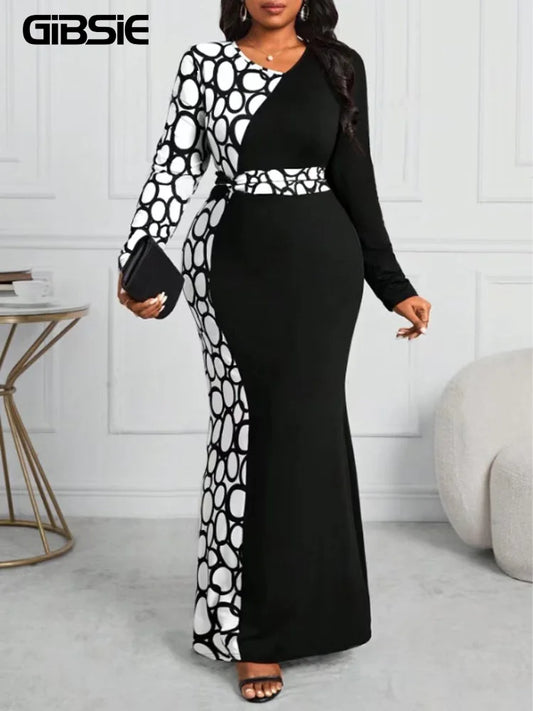 Plus Size Autumn V-Neck Long Sleeve Bodycon Dress - Mermaid Hem Maxi Dress