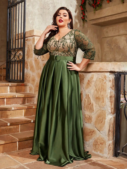 Plus Size V-Neck Lace Embroidered Satin Dress - Color Contrast with Buckle Detail