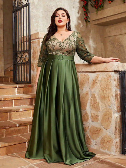 Plus Size V-Neck Lace Embroidered Satin Dress - Color Contrast with Buckle Detail