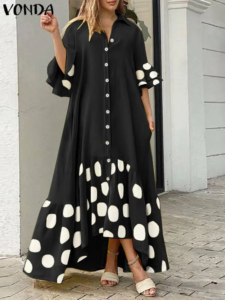 Plus Size 5XL Polka Dot Patchwork Bohemian Maxi Dress - Ruffle Sundress with Butterfly Sleeves