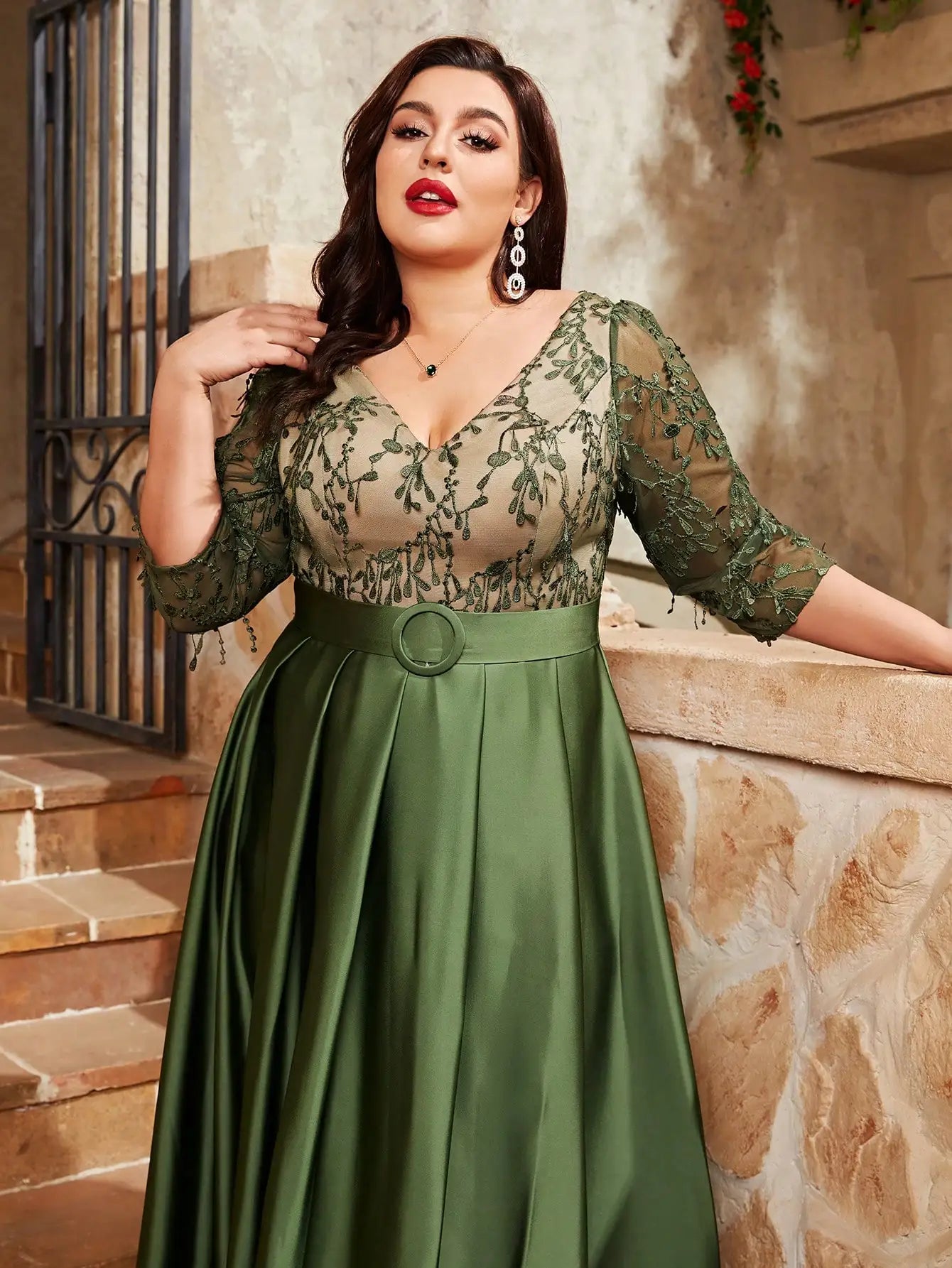 Plus Size V-Neck Lace Embroidered Satin Dress - Color Contrast with Buckle Detail