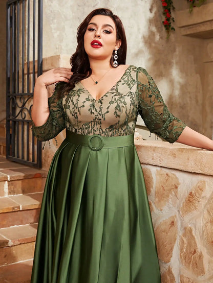 Plus Size V-Neck Lace Embroidered Satin Dress - Color Contrast with Buckle Detail