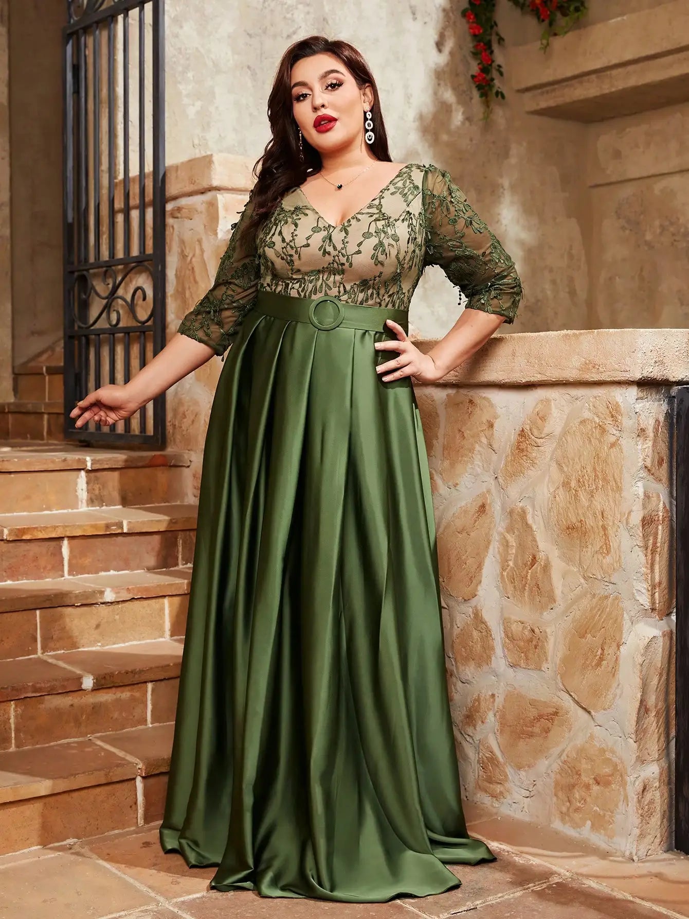 Plus Size V-Neck Lace Embroidered Satin Dress - Color Contrast with Buckle Detail