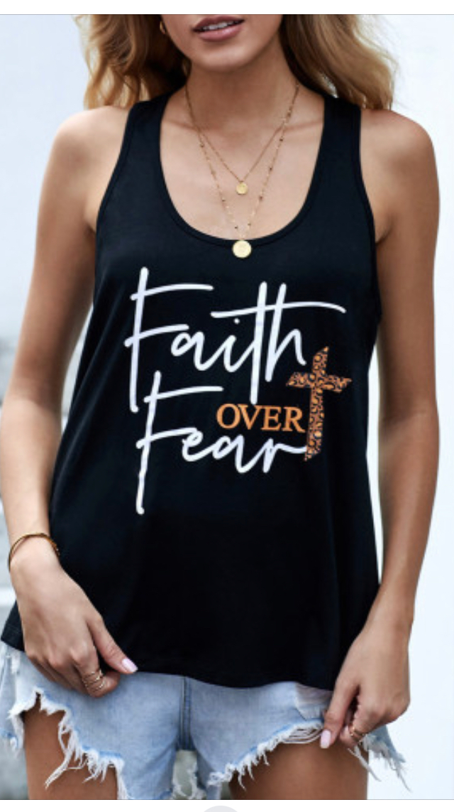 Black Leopard Print Faith Over Fear Tank Top